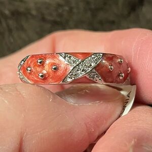 Silver Ring with Pink Pearlized Enamel and Cubic Zirconia Size 9